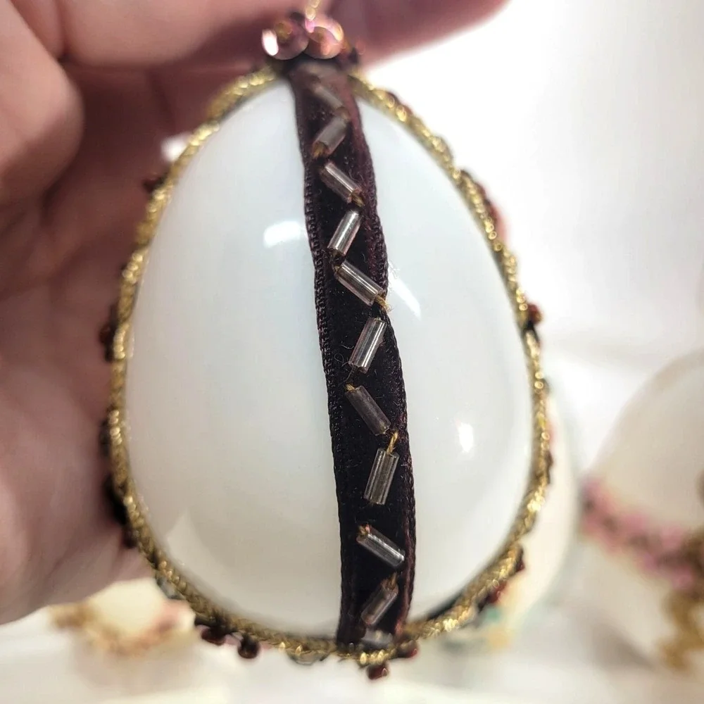 Vintage Glass Beaded Eggs Ornaments Set of 4 Embellished‎ Handcrafted Pink Green